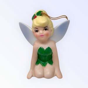 Disney Tinker Bell Christmas Ornament Porcelain Vintage Green & White Fairy